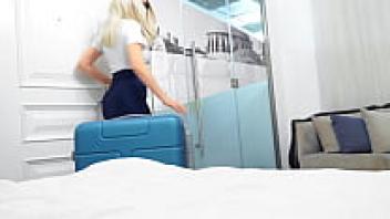 At work, the stewardess was having an affair with her husband. He put cum on her sneakers.