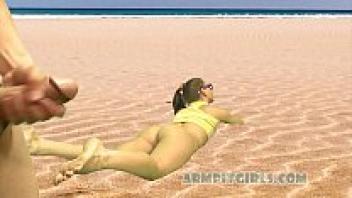 A Blonde Beach Teenager Worshipping Her Armpits While Wearing Thong Pants and Dick Flashes