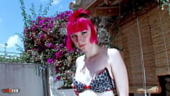 On the patio, a pretty little redhead punk stripper