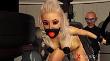 BDSM group. A mad midget in the lab gives a hot, seductive, ball-gagged blonde in cuffs a lot of love.