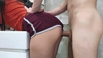 Quick sex in the toilet with the stepsister in the morning