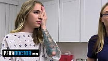 Sonny Mckinley, a busty patient, undergoes a fertility test in a pervert doctor's office.