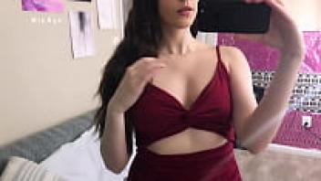 Teasing Mia Nyx with a Selfie Mirror Striptease Red Dress Black Lace Thong Panties