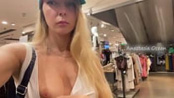 Babe walk, displaying nipples in a public mall. Not wearing a bra