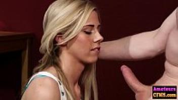 Dominant female engages in oral stimulation of an erect penis.